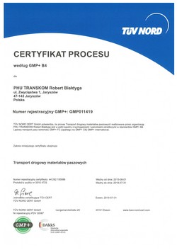Certyfikat procesu według GMP+ B4 - PHU Transkom